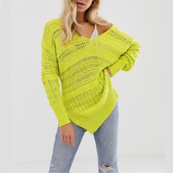 FREE PEOPLE Hot Tropics Open Knit Sweater Limelight Combo- Medium NWT - Picture 2 of 8